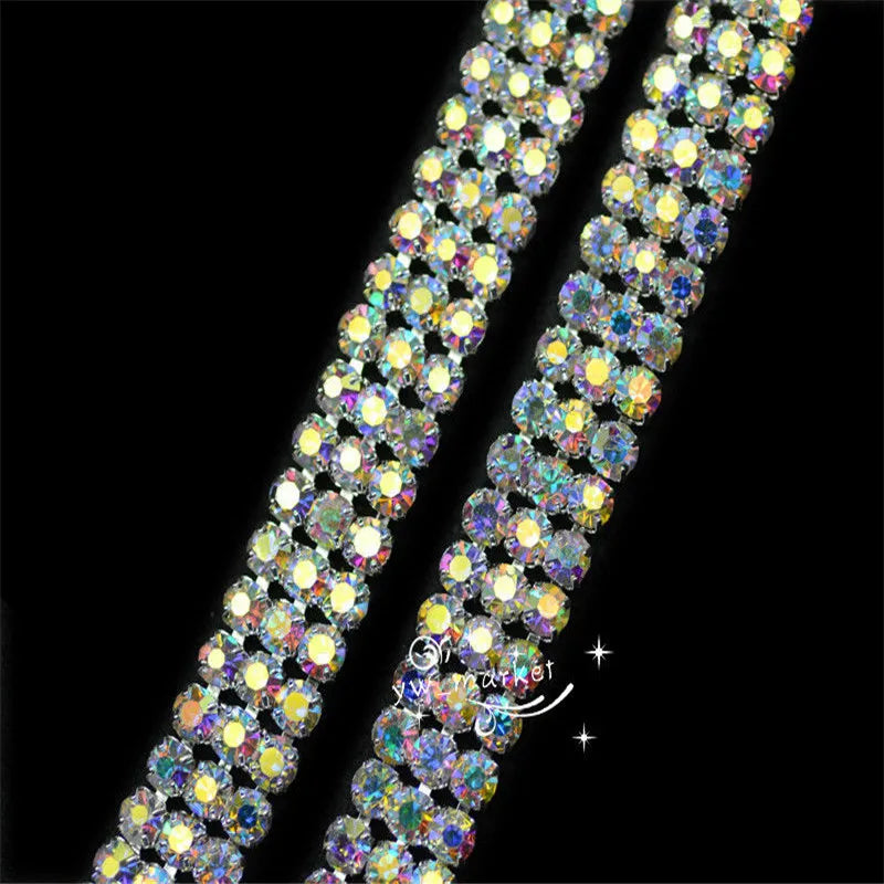 2 row 3 row 4 row 6 row crystal AB rhinestone trim close silver chain wedding decoration  sewing accessories 1 yard
