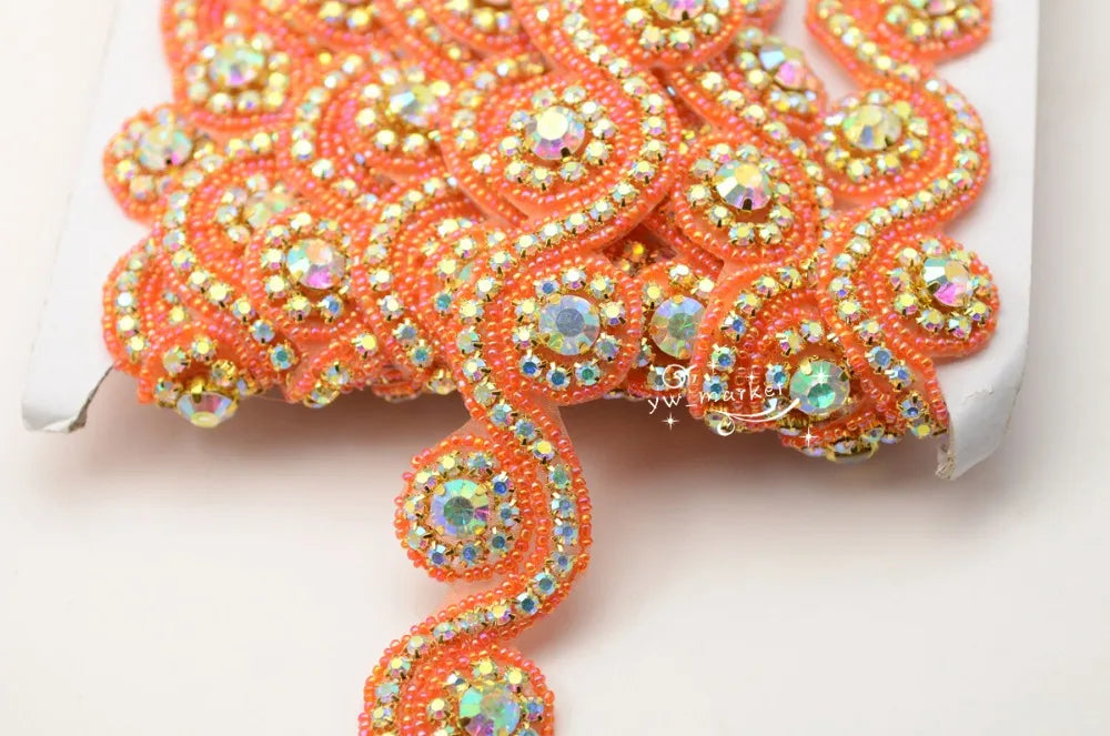 1 Yard AB crystal rhinestone beaded applique Iron On bridal costume deep blue A1002