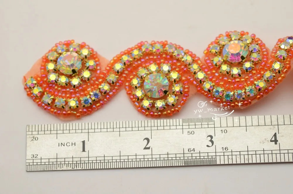 1 Yard AB crystal rhinestone beaded applique Iron On bridal costume deep blue A1002