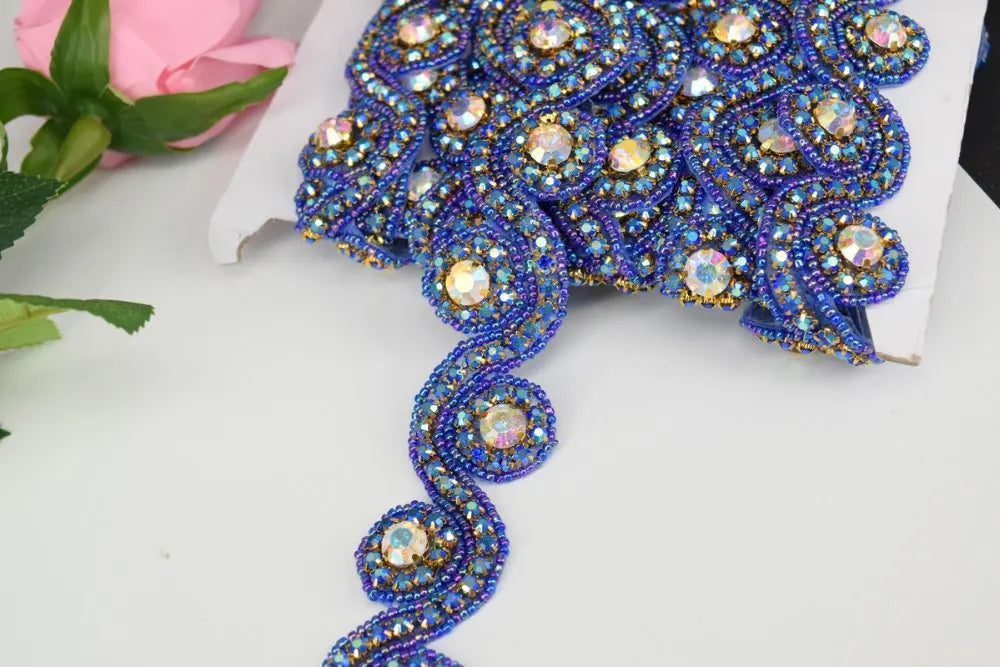 1 Yard AB crystal rhinestone beaded applique Iron On bridal costume deep blue A1002
