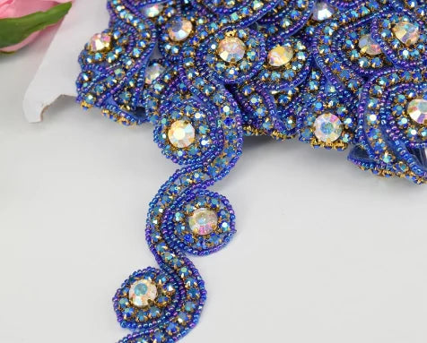 1 Yard AB crystal rhinestone beaded applique Iron On bridal costume deep blue A1002