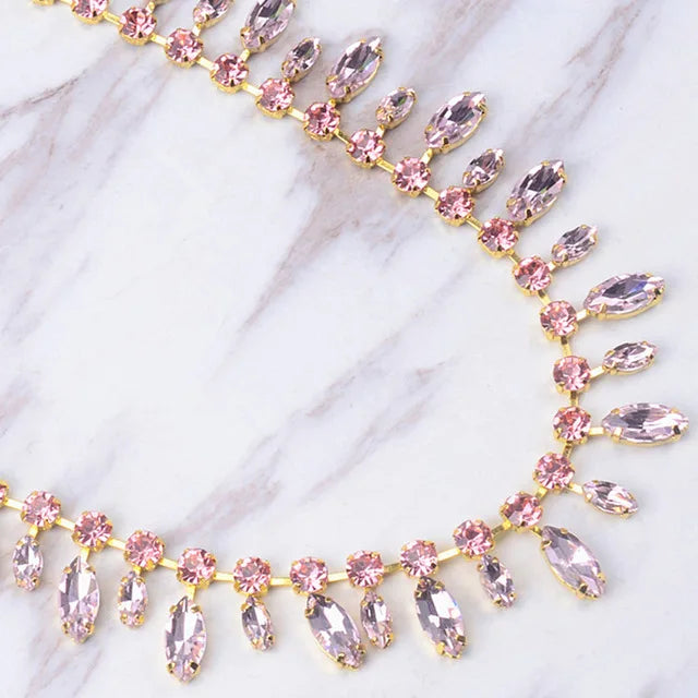 Glass Rhinestone Chain 8mm Round+8x13mm Teardrop Clear Crystal Trimming Gold Metal Base 2cm Width Sew On Garment DIY