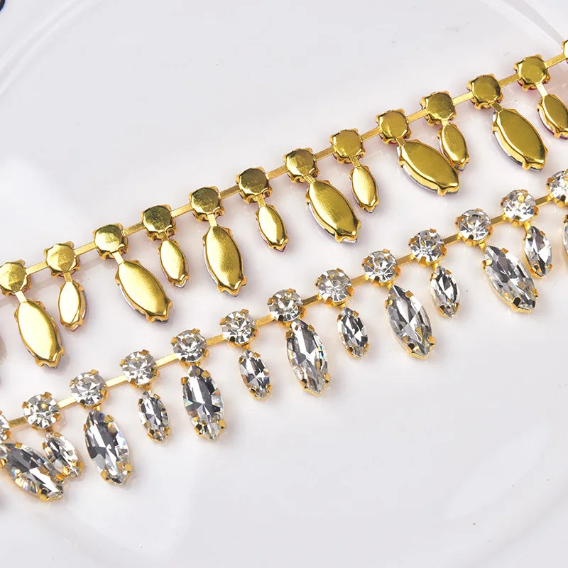 Glass Rhinestone Chain 8mm Round+8x13mm Teardrop Clear Crystal Trimming Gold Metal Base 2cm Width Sew On Garment DIY