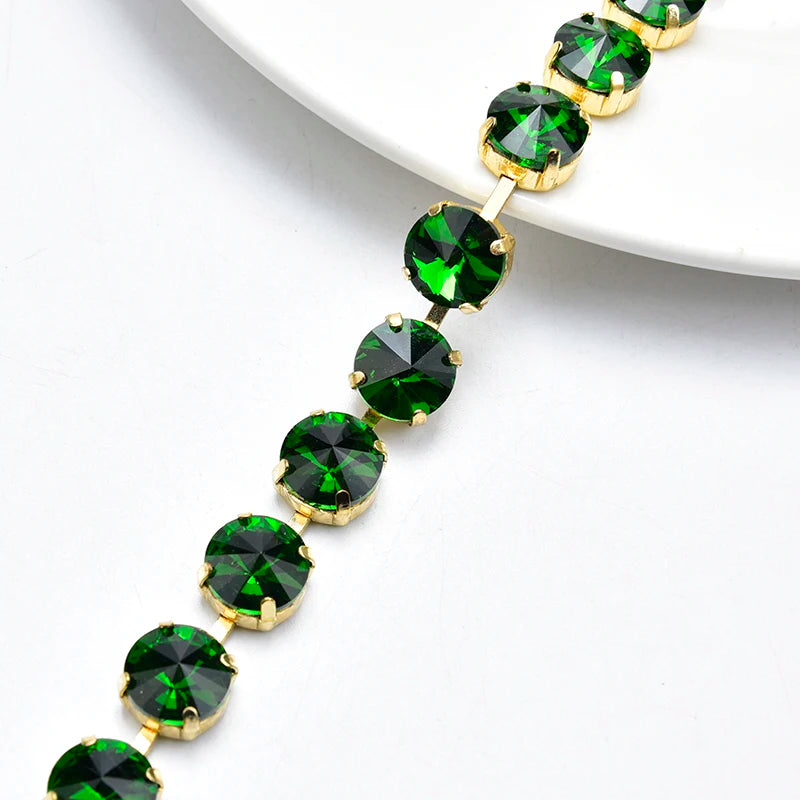 Handmade 12mm Circular Satellite Glass Rhinestone Chain Shiny Round Crystal Trim Ribbon Sewing on Wedding Clothing Accessories
