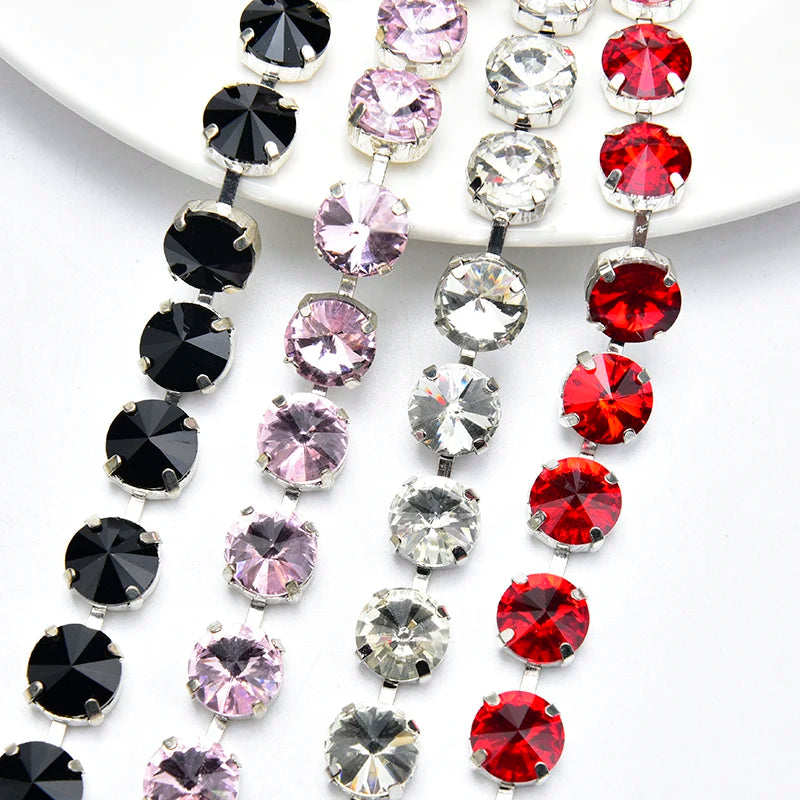 Handmade 12mm Circular Satellite Glass Rhinestone Chain Shiny Round Crystal Trim Ribbon Sewing on Wedding Clothing Accessories