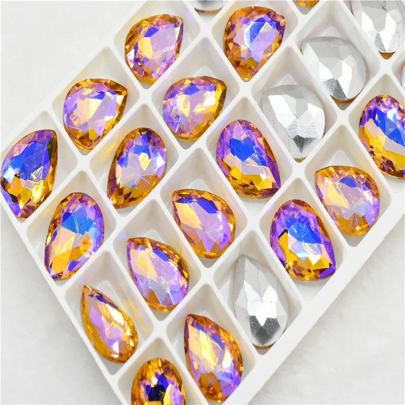 Color AB strass crystal teardrop rhinestones  wedding Jewelry Accessories glass stones pointback beads 20x30mm 13x18mm 10x14mm