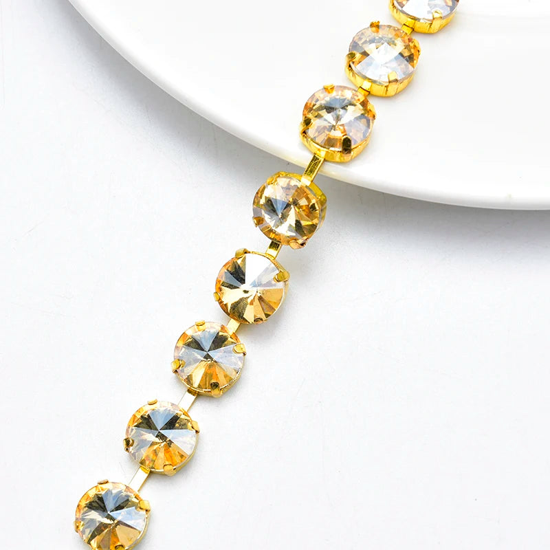 Handmade 12mm Circular Satellite Glass Rhinestone Chain Shiny Round Crystal Trim Ribbon Sewing on Wedding Clothing Accessories