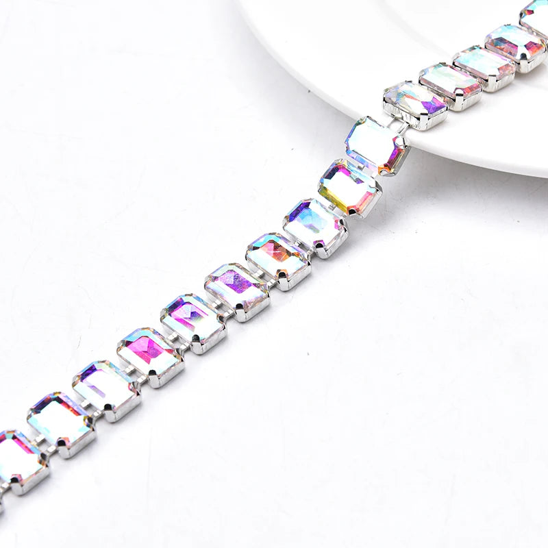 Glass Rhinestone Chain 8mm Round+8x13mm Teardrop Clear Crystal Trimming Gold Metal Base 2cm Width Sew On Garment DIY