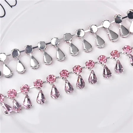 Glass Rhinestone Chain 8mm Round+8x13mm Teardrop Clear Crystal Trimming Gold Metal Base 2cm Width Sew On Garment DIY