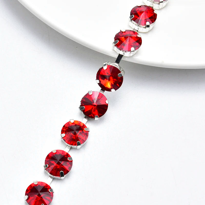 Handmade 12mm Circular Satellite Glass Rhinestone Chain Shiny Round Crystal Trim Ribbon Sewing on Wedding Clothing Accessories