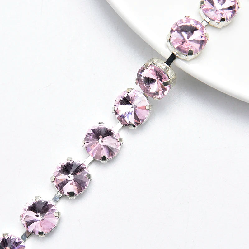Handmade 12mm Circular Satellite Glass Rhinestone Chain Shiny Round Crystal Trim Ribbon Sewing on Wedding Clothing Accessories