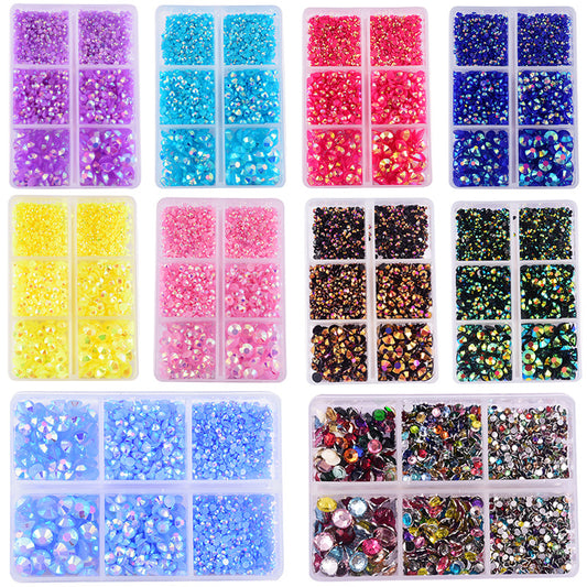 Approx. 2,000 Pieces 6-Compartment Set of Flat-Back Resin Rhinestones  Nail Art Decorations & DIY Accessories for Phone Cases and "Violent Bear" Figures