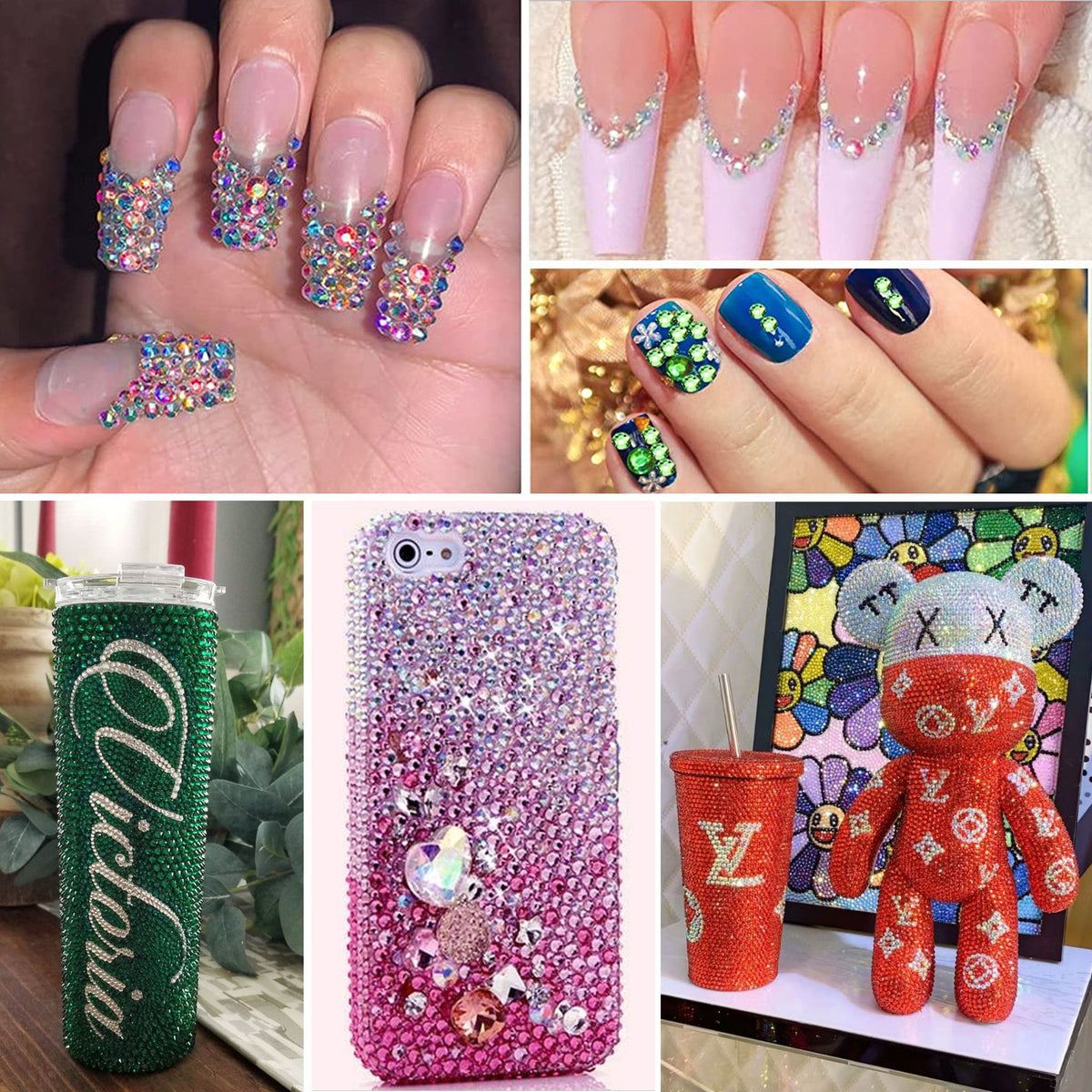 Approx. 2,000 Pieces 6-Compartment Set of Flat-Back Resin Rhinestones  Nail Art Decorations & DIY Accessories for Phone Cases and "Violent Bear" Figures