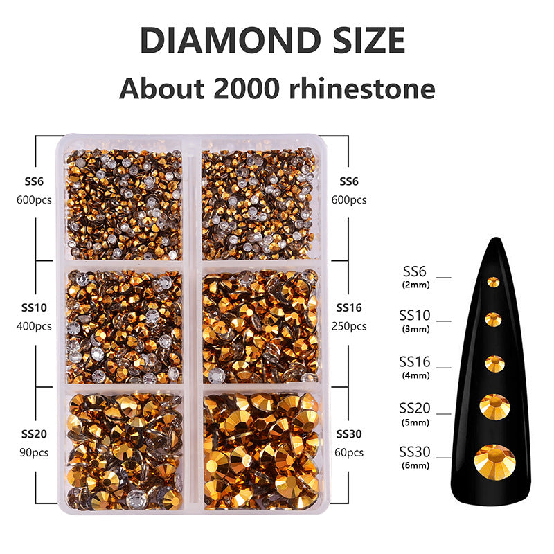 Approx. 2,000 Pieces 6-Compartment Set of Flat-Back Resin Rhinestones  Nail Art Decorations & DIY Accessories for Phone Cases and "Violent Bear" Figures