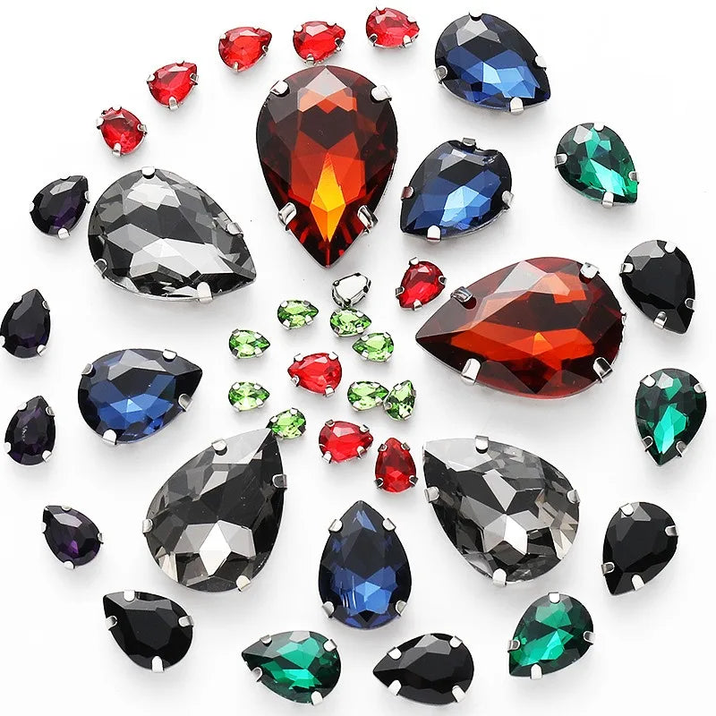 50pcs crystal  Rhinestones teardrop mixed size Stones with white k claw  Sew on accessories shoes bag diy