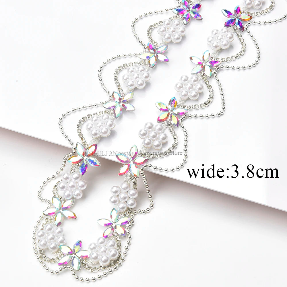 DIY Pearl Flower Crystal Tassel Chain Rhinestone Trim Fringe Sew on Collar Shoulder Strap Clothing Decoration Craft