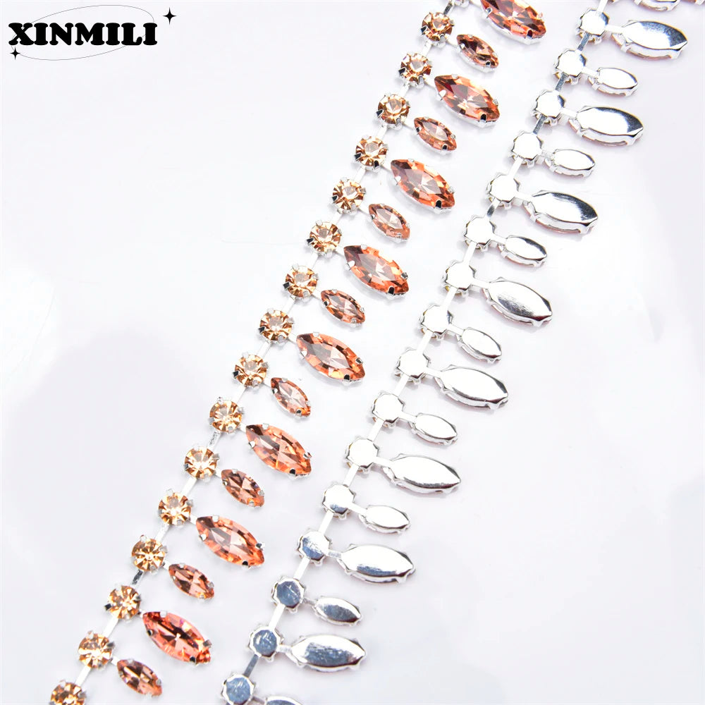Glass Rhinestone Chain 8mm Round+8x13mm Teardrop Clear Crystal Trimming Gold Metal Base 2cm Width Sew On Garment DIY
