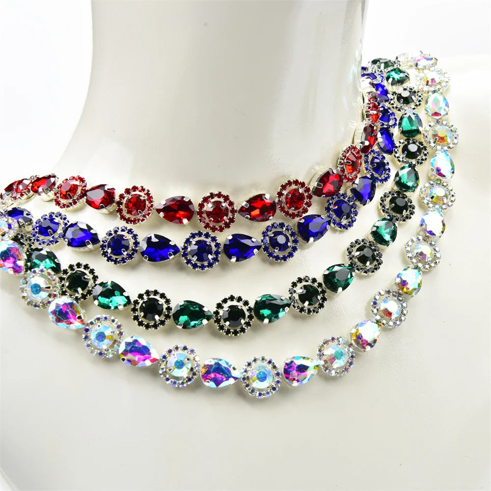 3 Yard Red Green Royal Blue Teardrop Crystal Trim Applique Round Flower Rhinestone Chain Decorative Dress Clothing Accessories
