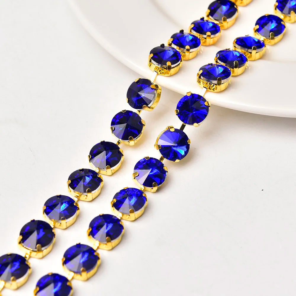 Handmade 12mm Circular Satellite Glass Rhinestone Chain Shiny Round Crystal Trim Ribbon Sewing on Wedding Clothing Accessories