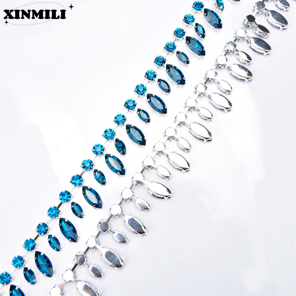 Glass Rhinestone Chain 8mm Round+8x13mm Teardrop Clear Crystal Trimming Gold Metal Base 2cm Width Sew On Garment DIY