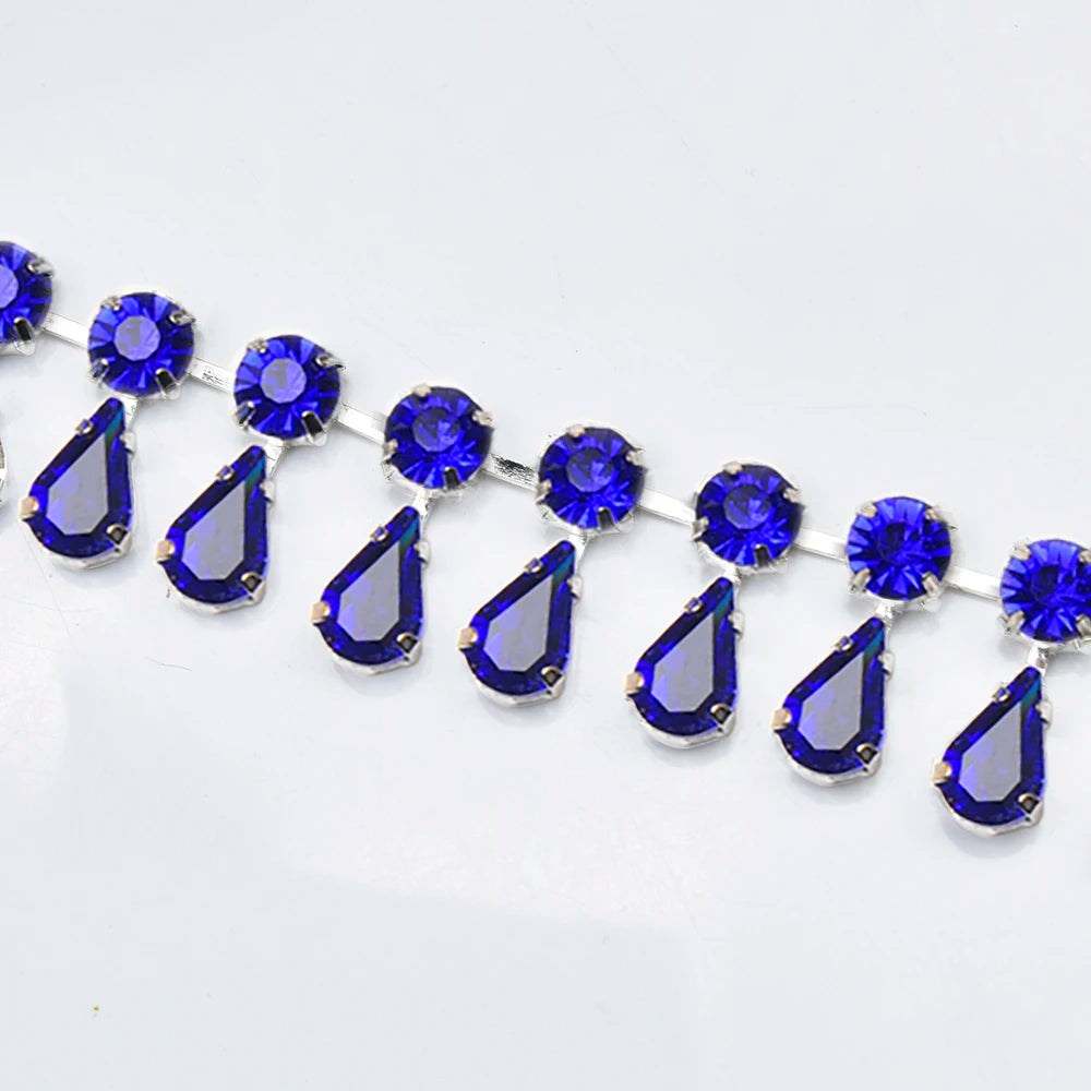 Glass Rhinestone Chain 8mm Round+8x13mm Teardrop Clear Crystal Trimming Gold Metal Base 2cm Width Sew On Garment DIY