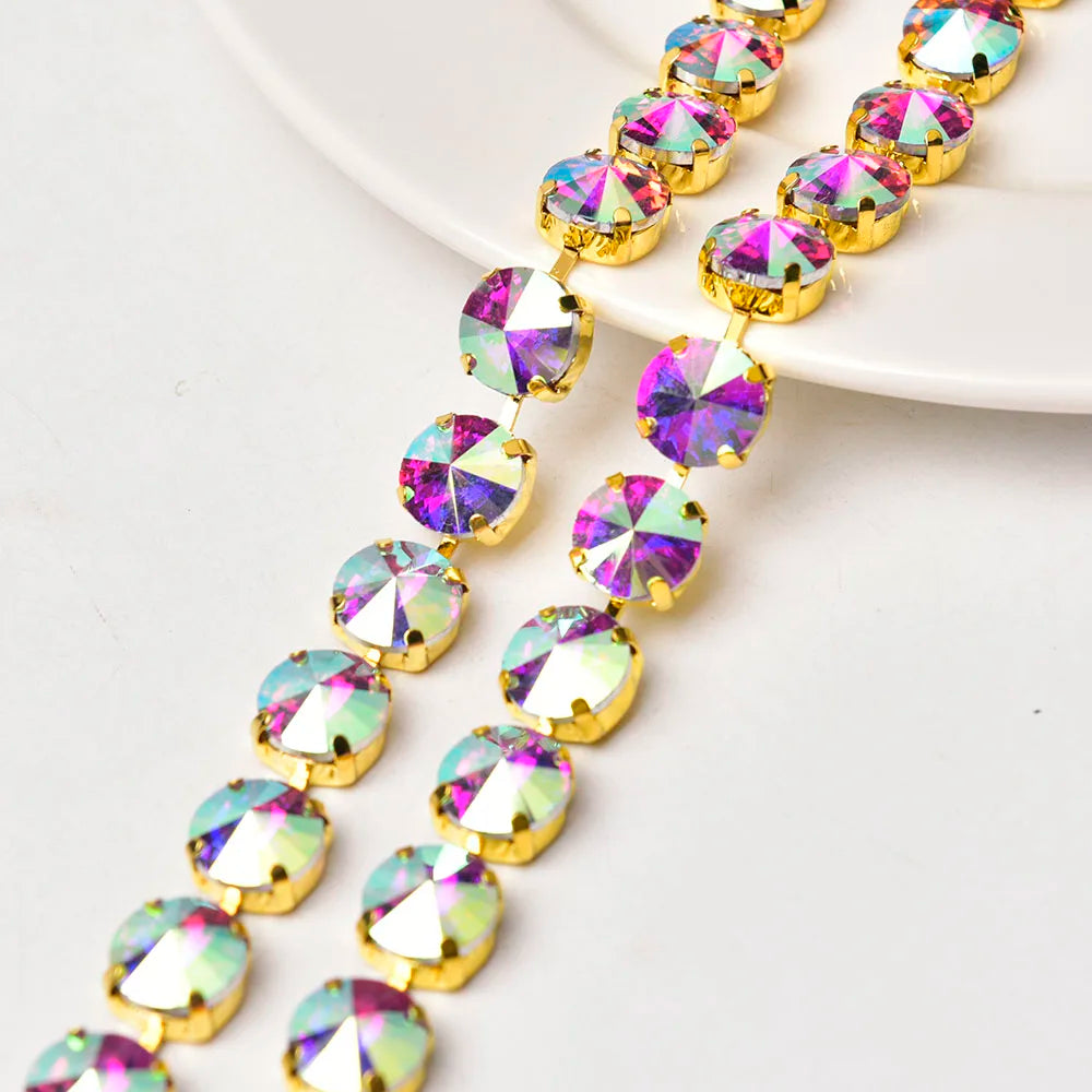 Handmade 12mm Circular Satellite Glass Rhinestone Chain Shiny Round Crystal Trim Ribbon Sewing on Wedding Clothing Accessories
