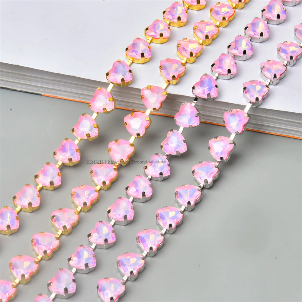 10mm High Quality Multi-color Heart Glass Crystal Metal Cup Chain DIY Wedding Jewelry Clothing Accessories Rhinestone Trim