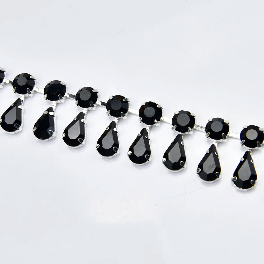 Glass Rhinestone Chain 8mm Round+8x13mm Teardrop Clear Crystal Trimming Gold Metal Base 2cm Width Sew On Garment DIY