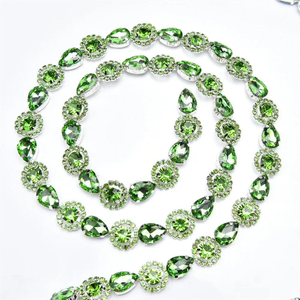 3 Yard Red Green Royal Blue Teardrop Crystal Trim Applique Round Flower Rhinestone Chain Decorative Dress Clothing Accessories