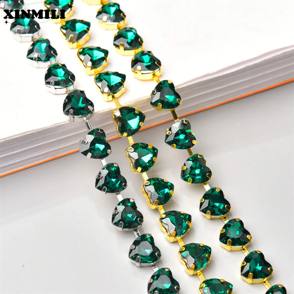 10mm High Quality Multi-color Heart Glass Crystal Metal Cup Chain DIY Wedding Jewelry Clothing Accessories Rhinestone Trim