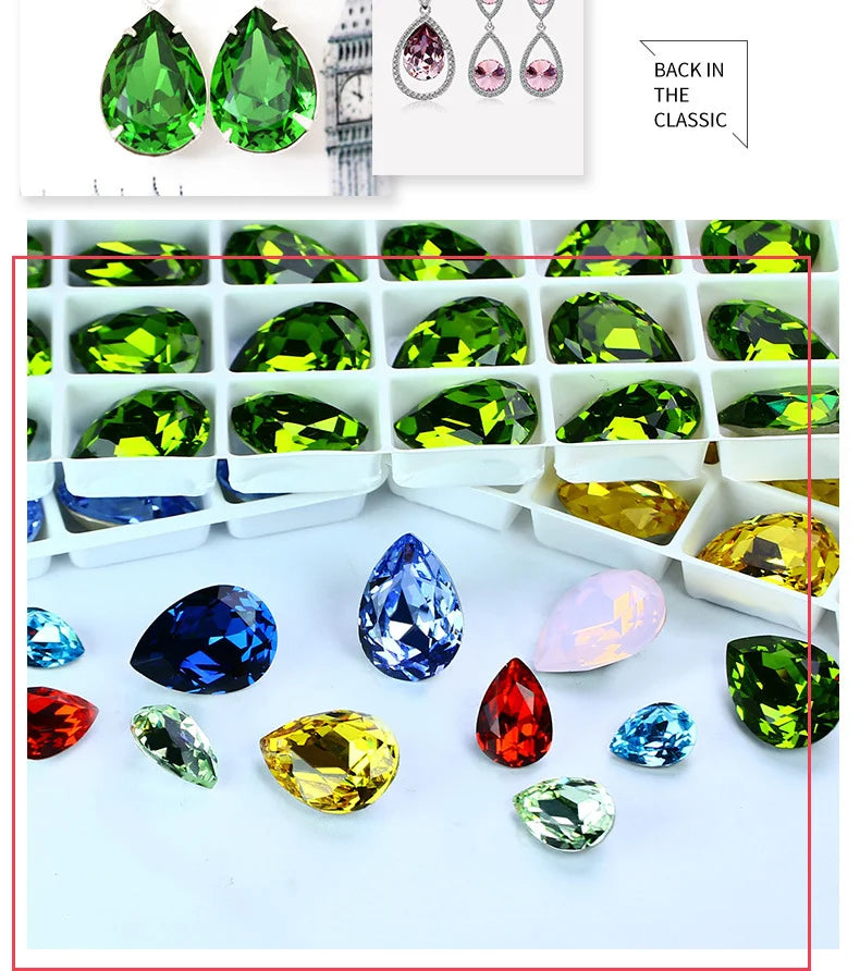 K9 30x40mm teardrop Glass Rhinestones High Quality Pointback Loose Glass Crystal Glue on Garment Crafts