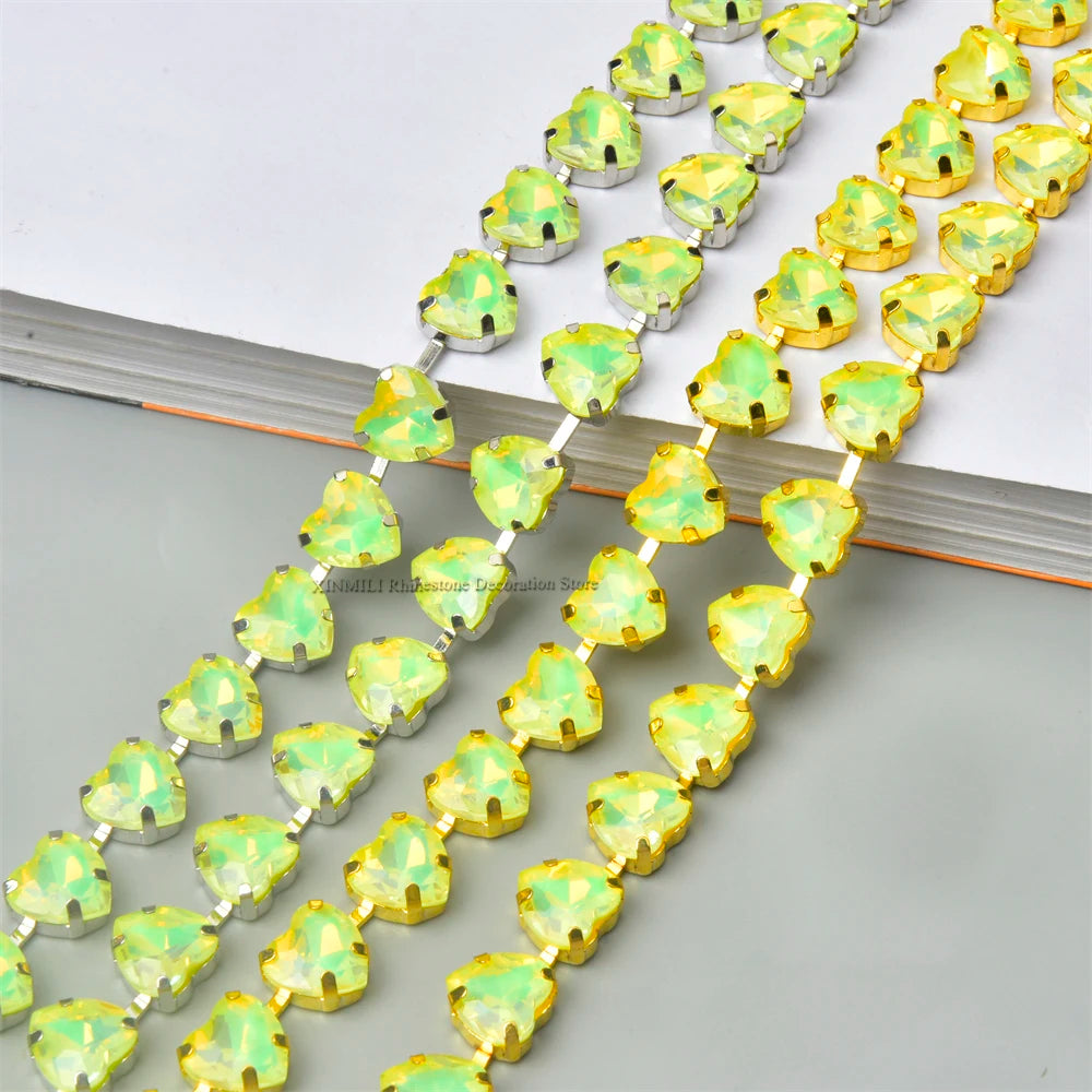 10mm High Quality Multi-color Heart Glass Crystal Metal Cup Chain DIY Wedding Jewelry Clothing Accessories Rhinestone Trim