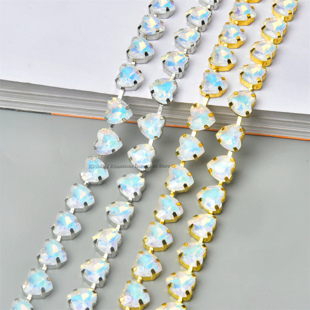 10mm High Quality Multi-color Heart Glass Crystal Metal Cup Chain DIY Wedding Jewelry Clothing Accessories Rhinestone Trim