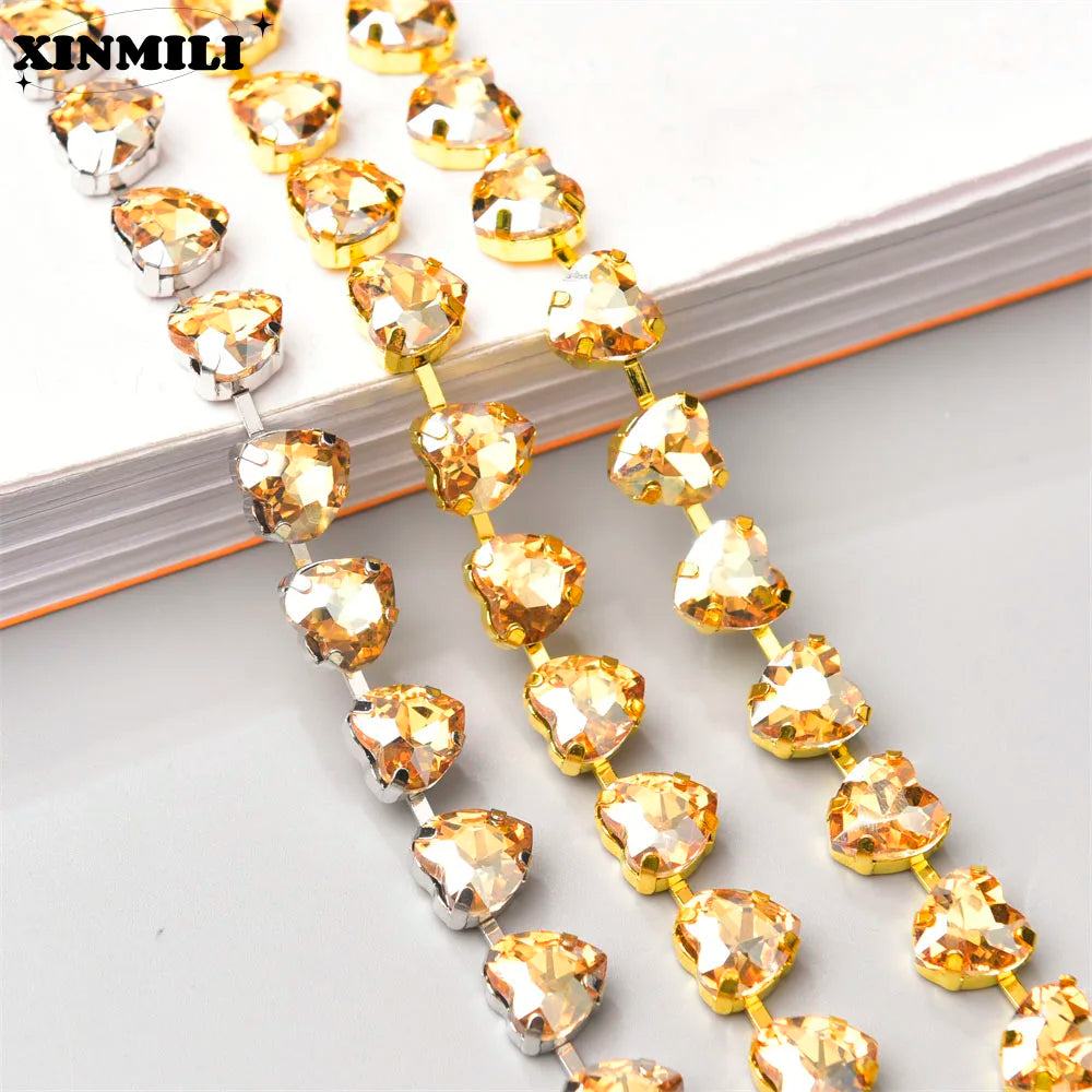 10mm High Quality Multi-color Heart Glass Crystal Metal Cup Chain DIY Wedding Jewelry Clothing Accessories Rhinestone Trim