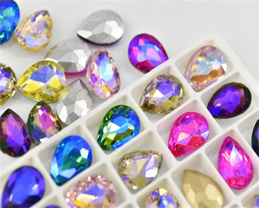 Color AB strass crystal teardrop rhinestones  wedding Jewelry Accessories glass stones pointback beads 20x30mm 13x18mm 10x14mm