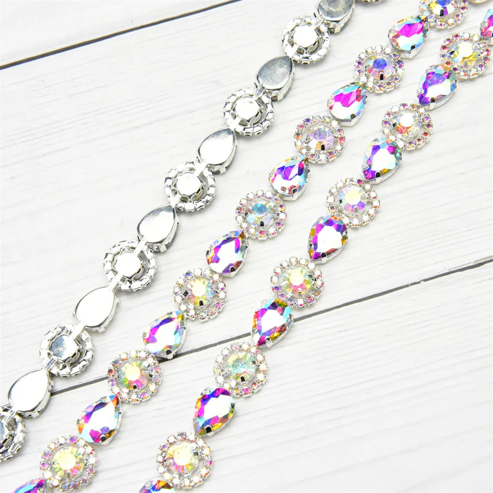 3 Yard Red Green Royal Blue Teardrop Crystal Trim Applique Round Flower Rhinestone Chain Decorative Dress Clothing Accessories