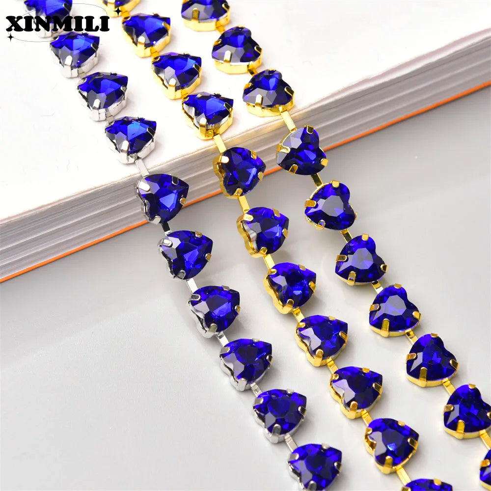 10mm High Quality Multi-color Heart Glass Crystal Metal Cup Chain DIY Wedding Jewelry Clothing Accessories Rhinestone Trim