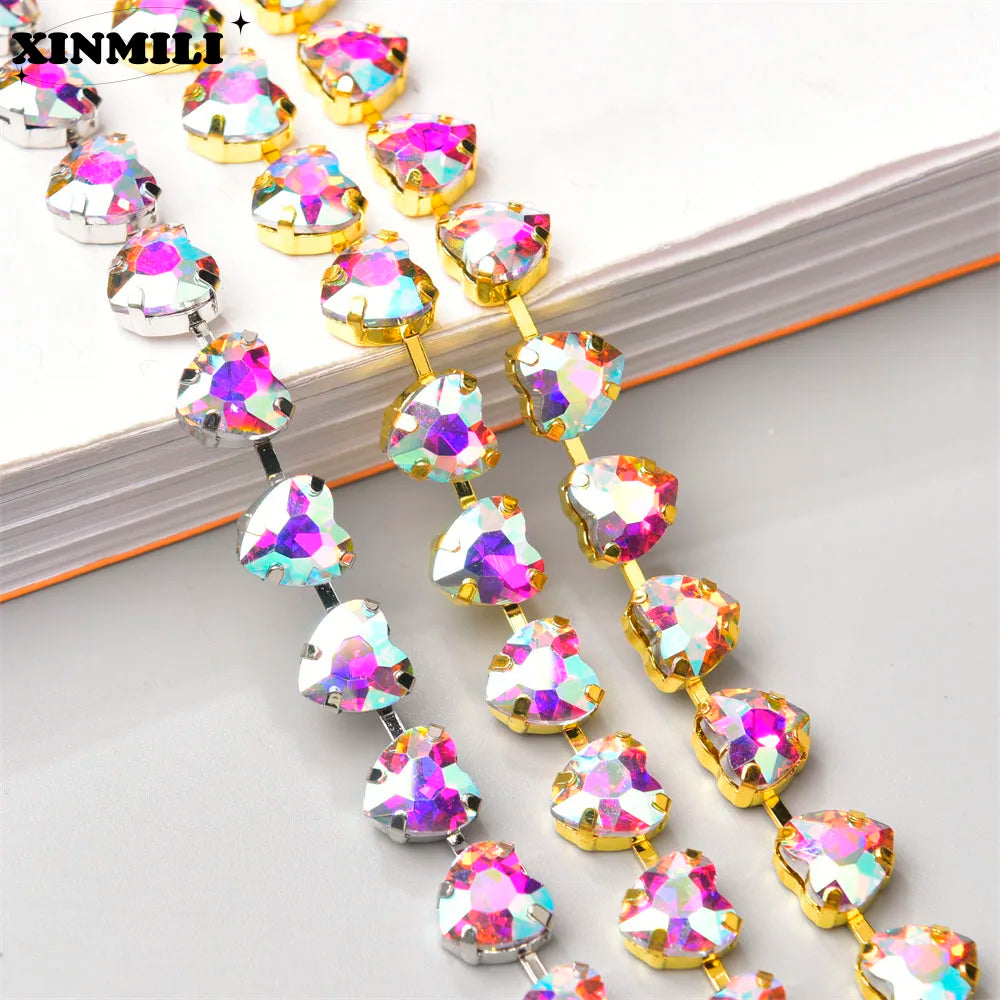 10mm High Quality Multi-color Heart Glass Crystal Metal Cup Chain DIY Wedding Jewelry Clothing Accessories Rhinestone Trim