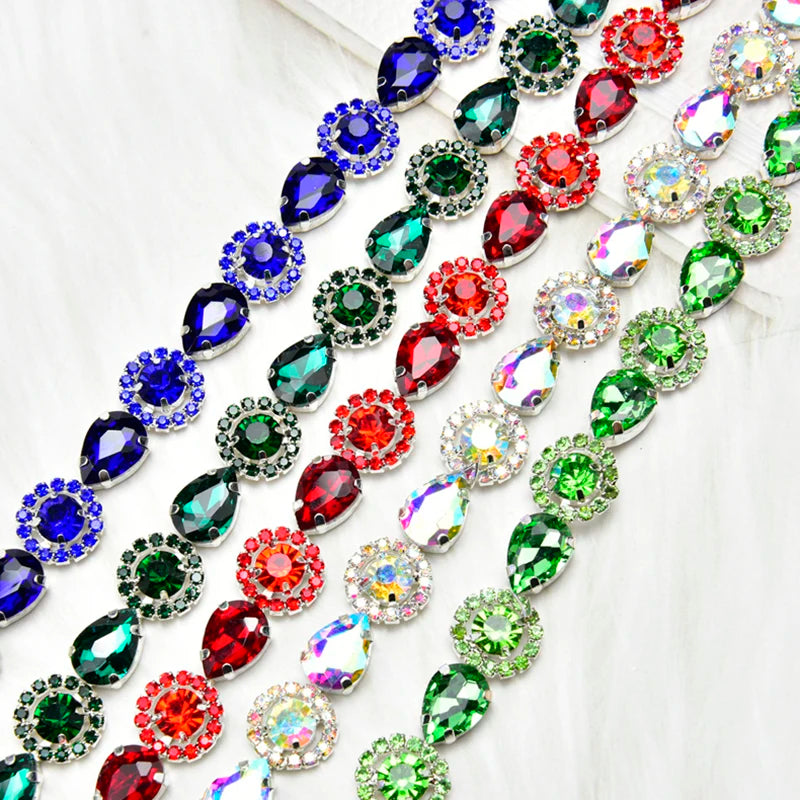 3 Yard Red Green Royal Blue Teardrop Crystal Trim Applique Round Flower Rhinestone Chain Decorative Dress Clothing Accessories