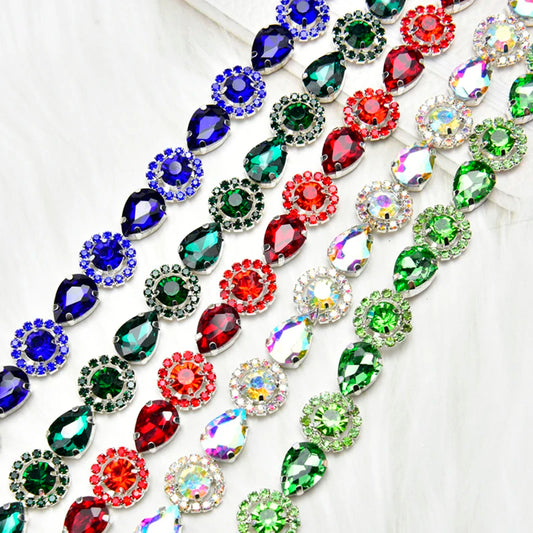 3 Yard Red Green Royal Blue Teardrop Crystal Trim Applique Round Flower Rhinestone Chain Decorative Dress Clothing Accessories