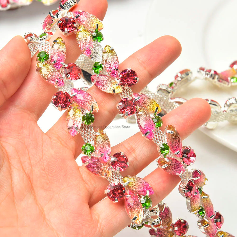 Jelly Pink Leaf Diamond Rhinestone Ribbon Trim Glitter Crystal Chain DIY Dress Belt Applique for Clothing Shoes Accessories