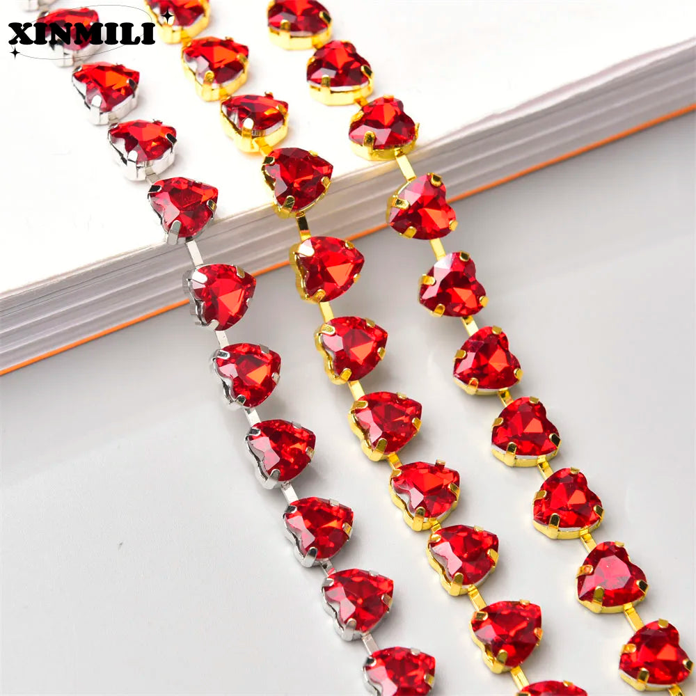 10mm High Quality Multi-color Heart Glass Crystal Metal Cup Chain DIY Wedding Jewelry Clothing Accessories Rhinestone Trim