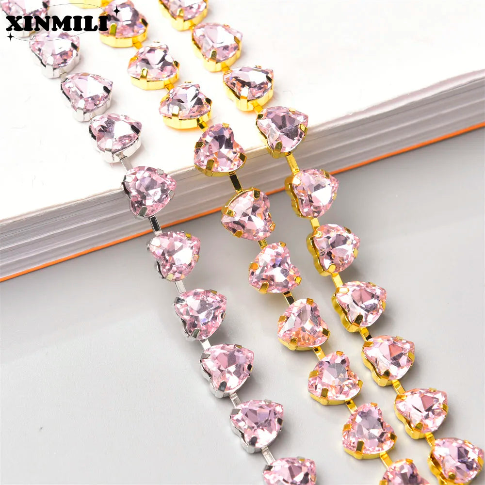 10mm High Quality Multi-color Heart Glass Crystal Metal Cup Chain DIY Wedding Jewelry Clothing Accessories Rhinestone Trim