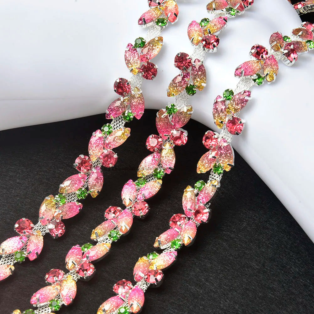 Jelly Pink Leaf Diamond Rhinestone Ribbon Trim Glitter Crystal Chain DIY Dress Belt Applique for Clothing Shoes Accessories