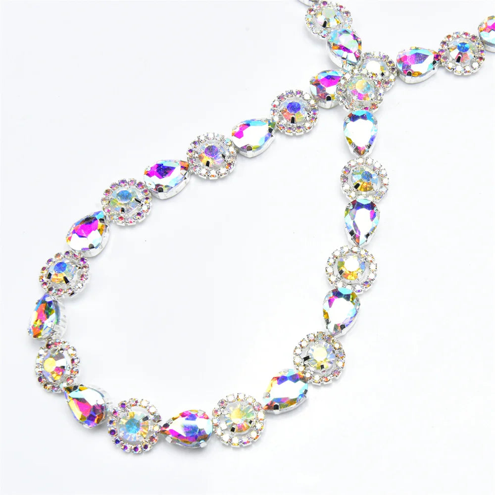 3 Yard Red Green Royal Blue Teardrop Crystal Trim Applique Round Flower Rhinestone Chain Decorative Dress Clothing Accessories