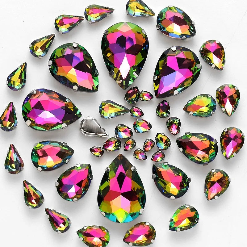 50pcs crystal  Rhinestones teardrop mixed size Stones with white k claw  Sew on accessories shoes bag diy