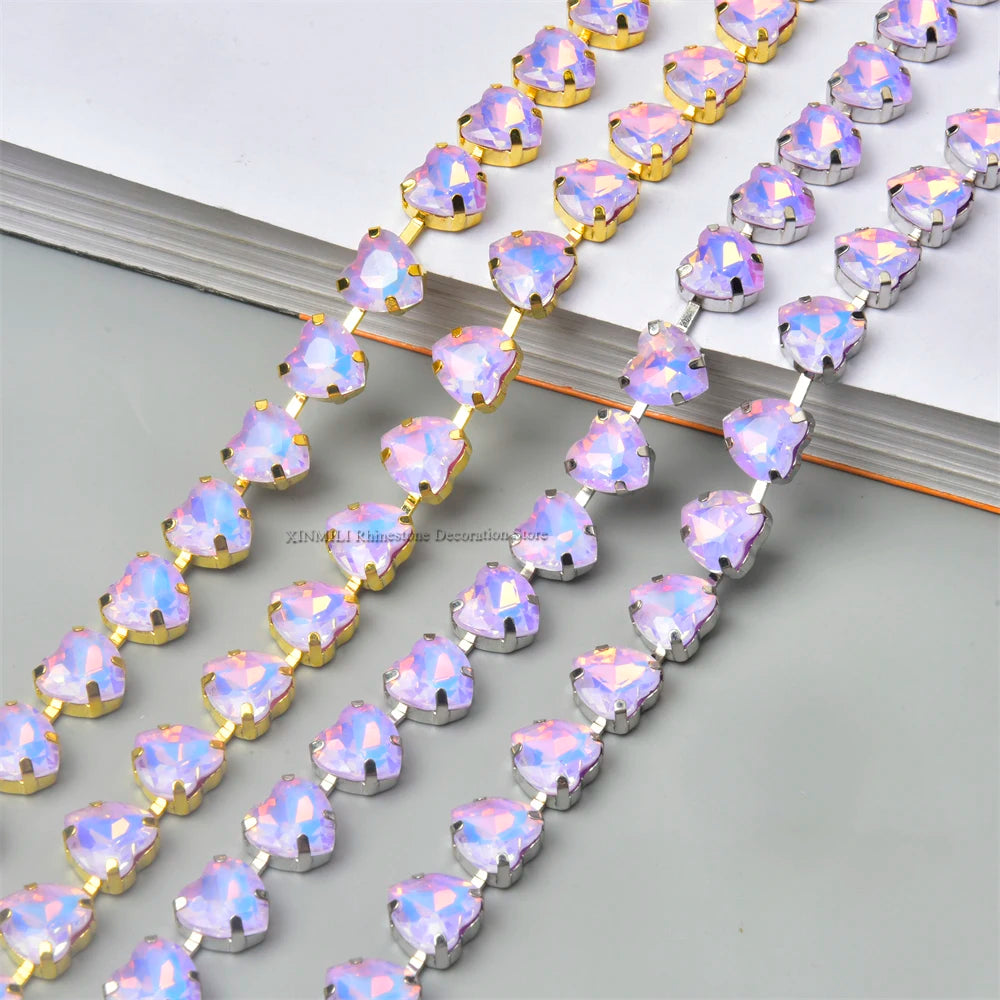 10mm High Quality Multi-color Heart Glass Crystal Metal Cup Chain DIY Wedding Jewelry Clothing Accessories Rhinestone Trim