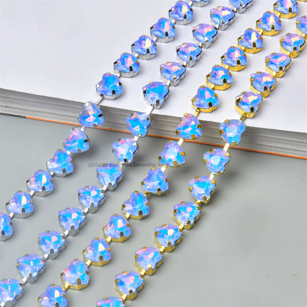 10mm High Quality Multi-color Heart Glass Crystal Metal Cup Chain DIY Wedding Jewelry Clothing Accessories Rhinestone Trim