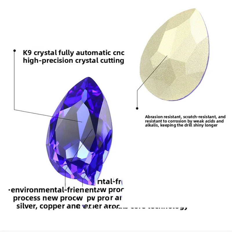 K9 30x40mm teardrop Glass Rhinestones High Quality Pointback Loose Glass Crystal Glue on Garment Crafts