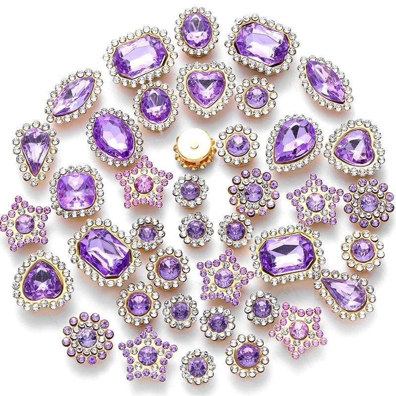 50pcs Glitter Mixed Shape mixed size sunflower Acrylic stones Rhinestone with gold Claw Acrylic sewing apliques  glitter